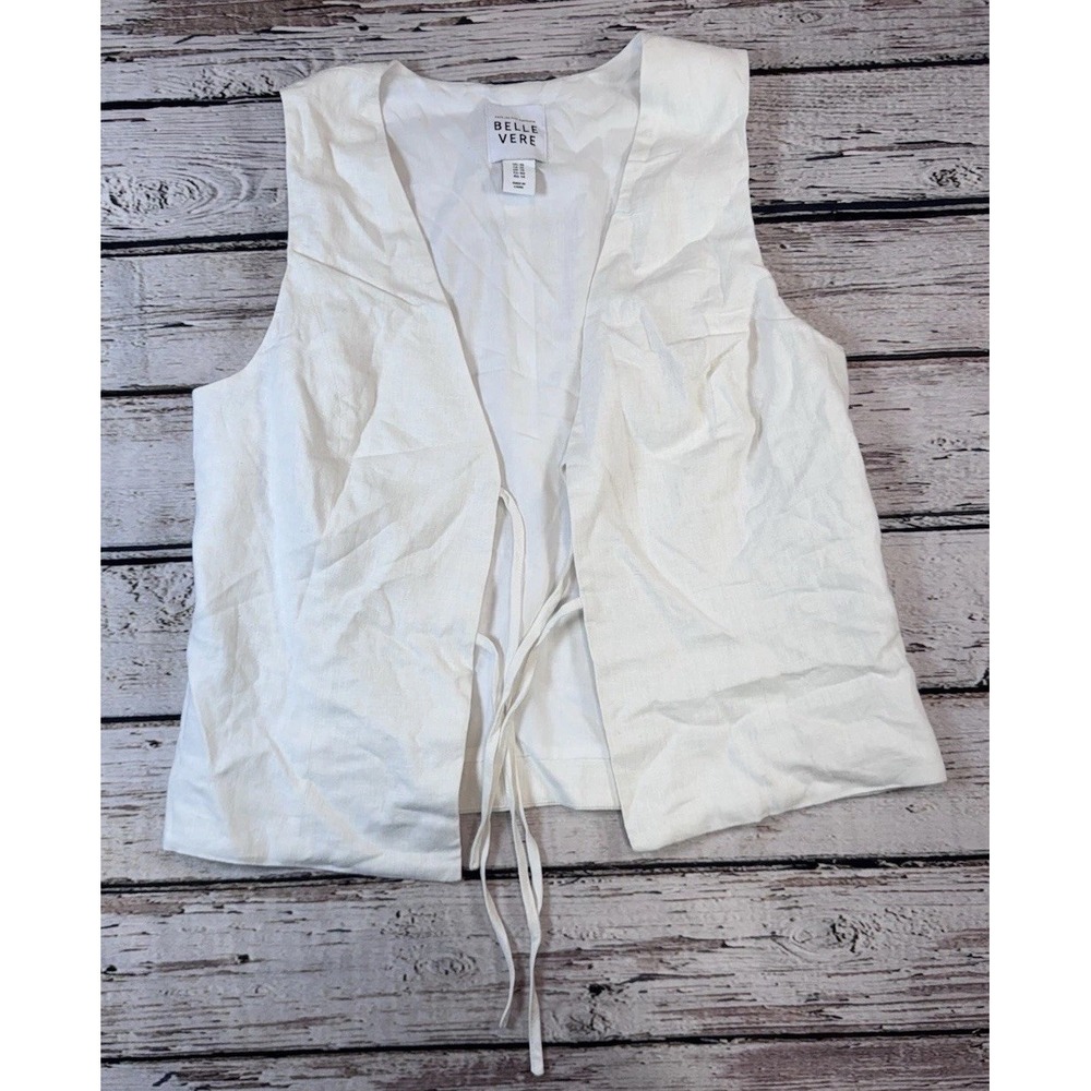 Belle Vere Vest Women's 10 Preppy Minimalist Indie Linen Blend Tie Front‎ White